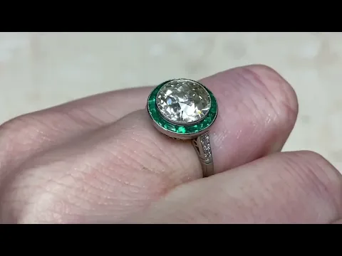 2.70ct Old European Cut Diamond & Natural Emerald Halo Engagement Ring - Woodmere Ring - Hand Video