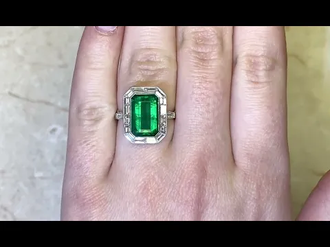 5.65ct Center Emerald Cut Emerald and Baguette Cut Diamond Halo Ring - Ardena Ring - Hand Video