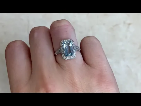1.70ct Center Rectangular Mixed Cut Aquamarine and Diamond Ring - Dewsbury Ring - Hand Video