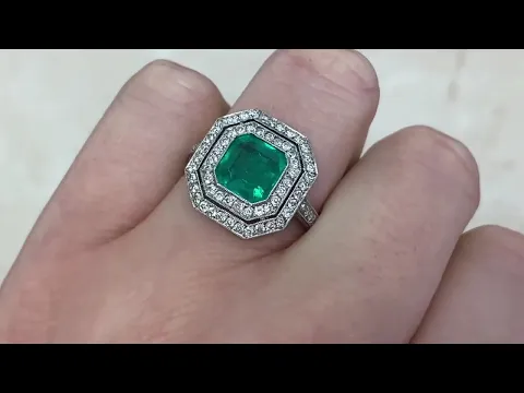1.52ct Center Colombian Emerald and Double Diamond Halo Ring - Fitchburg Ring - Hand Video