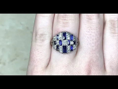Art Deco Old Mine Cut Diamond and French Cut Sapphire Geometric Ring - Ambroise Ring - Hand Video