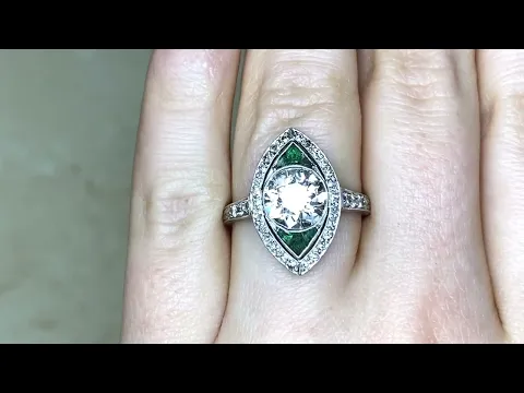 2.25ct Center Old European Cut Diamond & Emerald Navette Art Deco Ring - Foxborough Ring- Hand Video