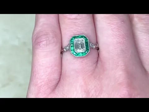 0.80ct Emerald Cut Diamond & Emerald Gemstone Halo Engagement Ring - Bondi Ring - Hand Video