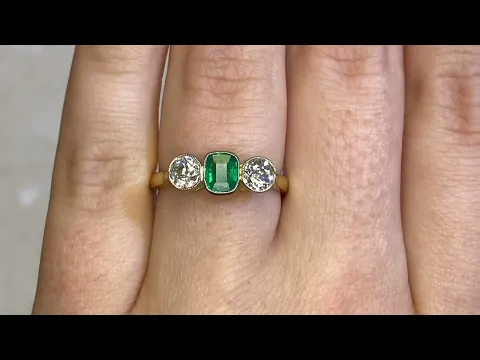 0.70 carat natural cushion cut bezel set emerald three-stone ring - Lakeside Ring - Hand video