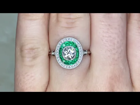 0.76ct Center Antique Cushion Cut Diamond and Emerald Halo Engagement Ring - Bally Ring - Hand Video