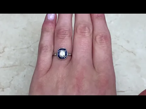 0.52ct Emerald Cut Diamond & Sapphire Halo Platinum Engagement Ring - Pacific Ring - Hand Video