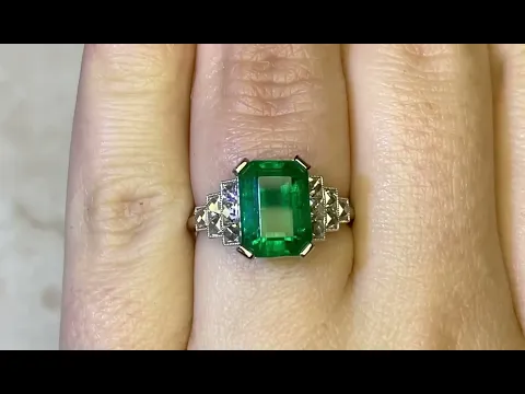 3.52ct Center Emerald Cut Emerald and French Cut Diamond Ring - Brookhaven Ring - Hand Video