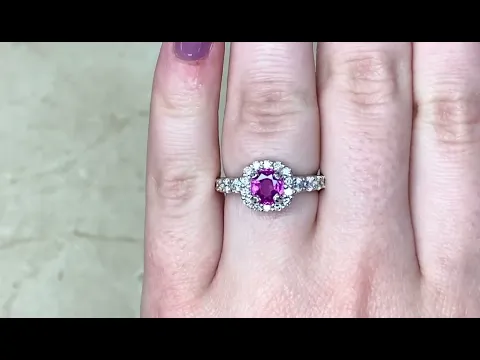 1.11ct Center Cushion Cut Pink Sapphire and Diamond Halo Ring - Winthrop Ring - Hand Video