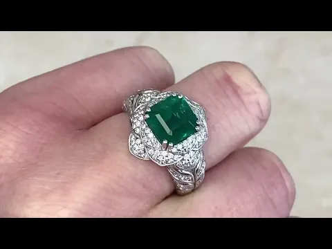 2.51ct Emerald Cut Zambian Emerald and Floral Diamond Halo Engagement Ring -Winslow Ring- Hand Video
