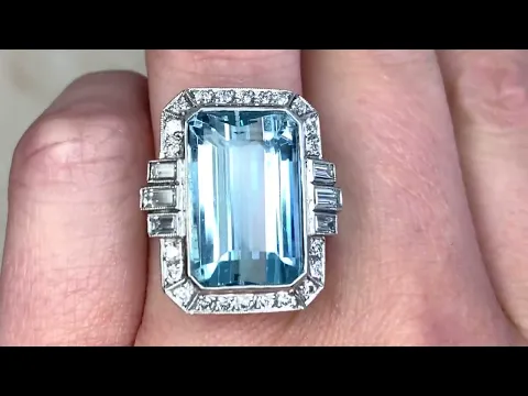11.86ct Emerald Cut Aquamarine & Diamond Halo Gemstone Ring - Westport Ring - Hand Video