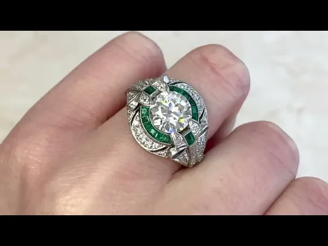 Old European Cut Diamond and Emerald Halo and Bow Motif Engagement Ring - Nebraska Ring - Hand Video