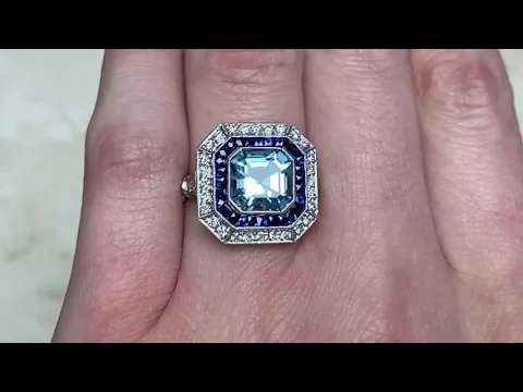 1.97CT Asscher-Cut Aquamarine Sapphire and Diamond Double Halo Ring - Claremont Ring - Hand Video