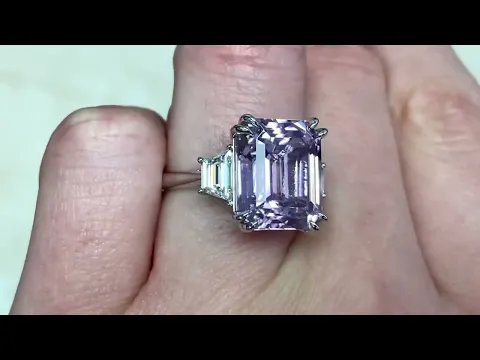 8.96ct Center Emerald Cut Kunzite and Trapezoid Diamond Cocktail Ring - Burbury Ring - Hand Video