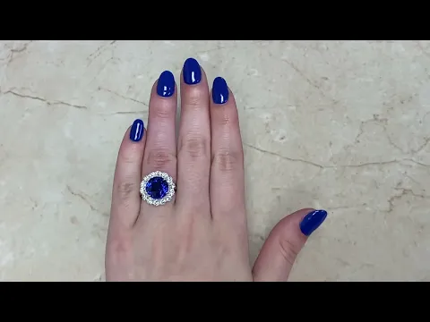 8.36ct Center Ceylon Sapphire & Diamond Cluster Halo Ring - Swansea Ring - Hand Video
