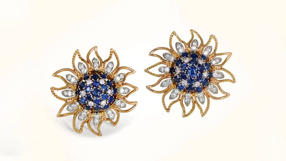 Sapphire and Diamond Earrings with Wirework and Filigree