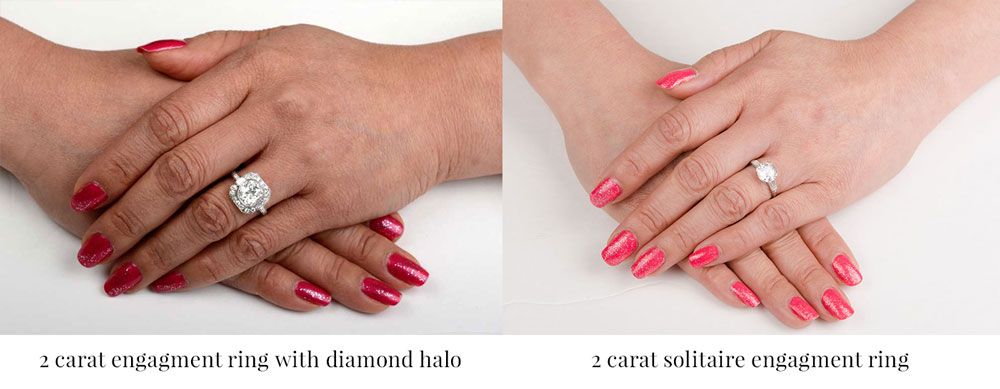 two carat engagement rings on finger comparison with halo