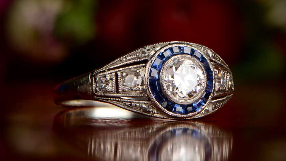 Old European Cut Diamond and Sapphire Engagement Ring
