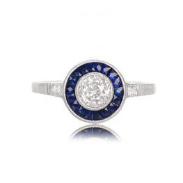 0.50ct Old European Cut Diamond and Sapphire Halo Central Park Ring