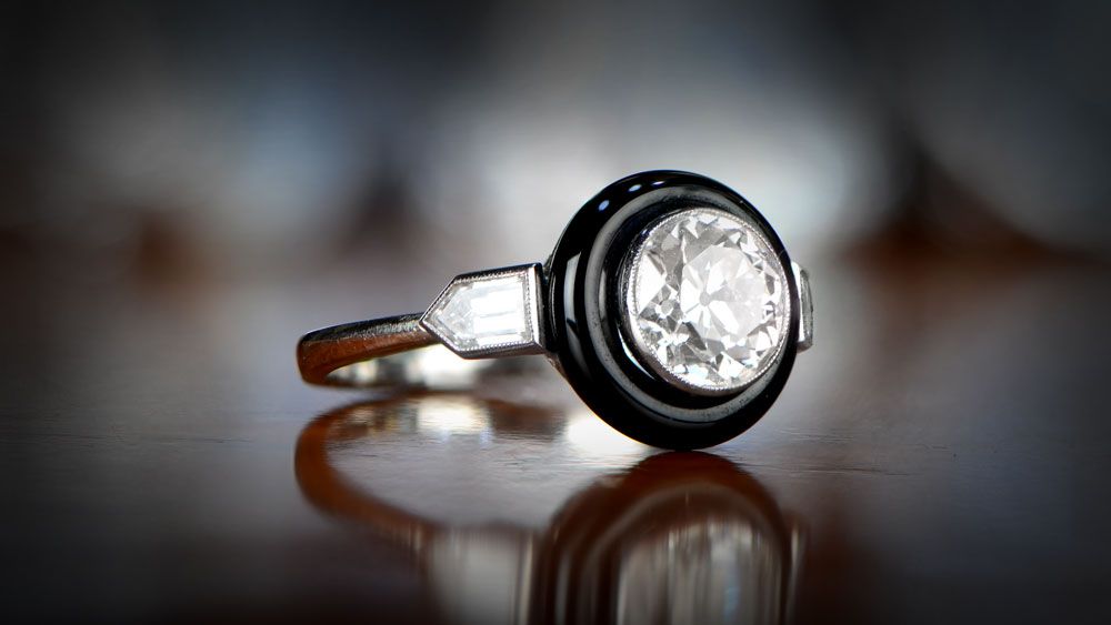 Vintage Style Diamond Engagement Ring with Onyx Halo