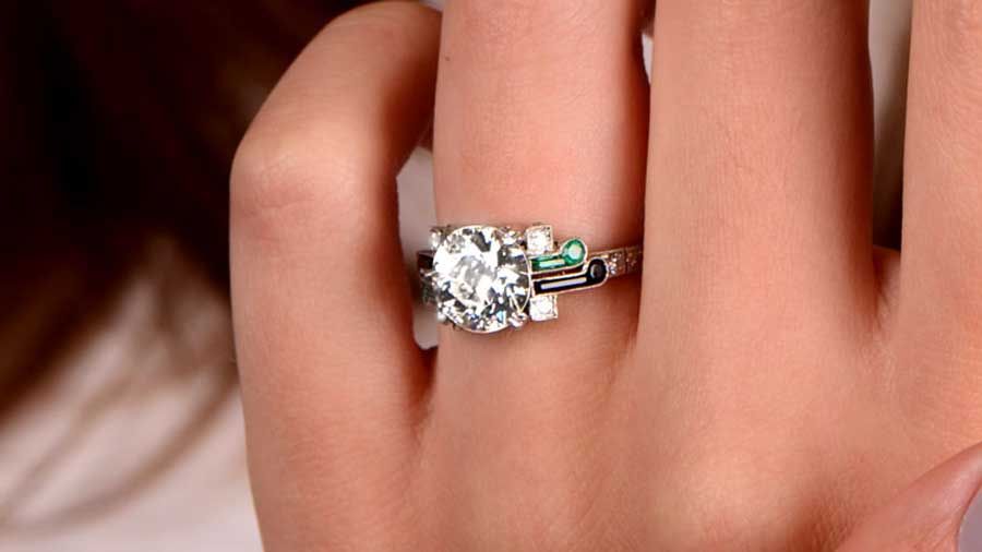 11947 Two Carat Diamond Engagement Ring on Finger