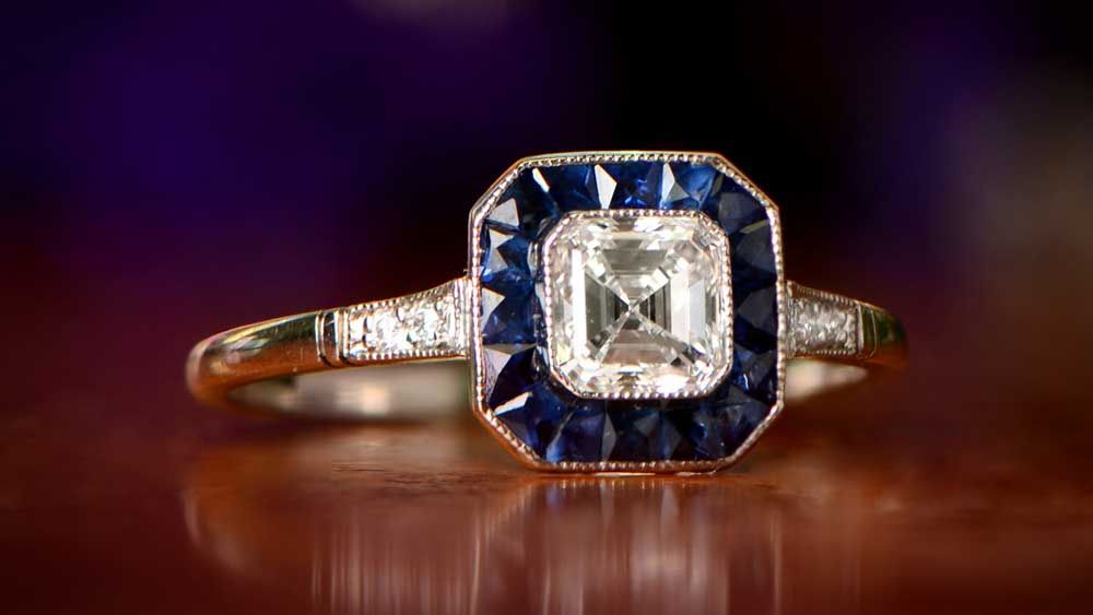 Sapphire Halo Deco Era Ring