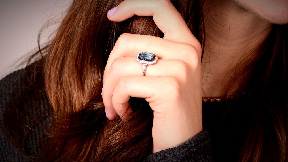 12701 Aquamarine Engagement Ring with Sapphire and Diamond Halo