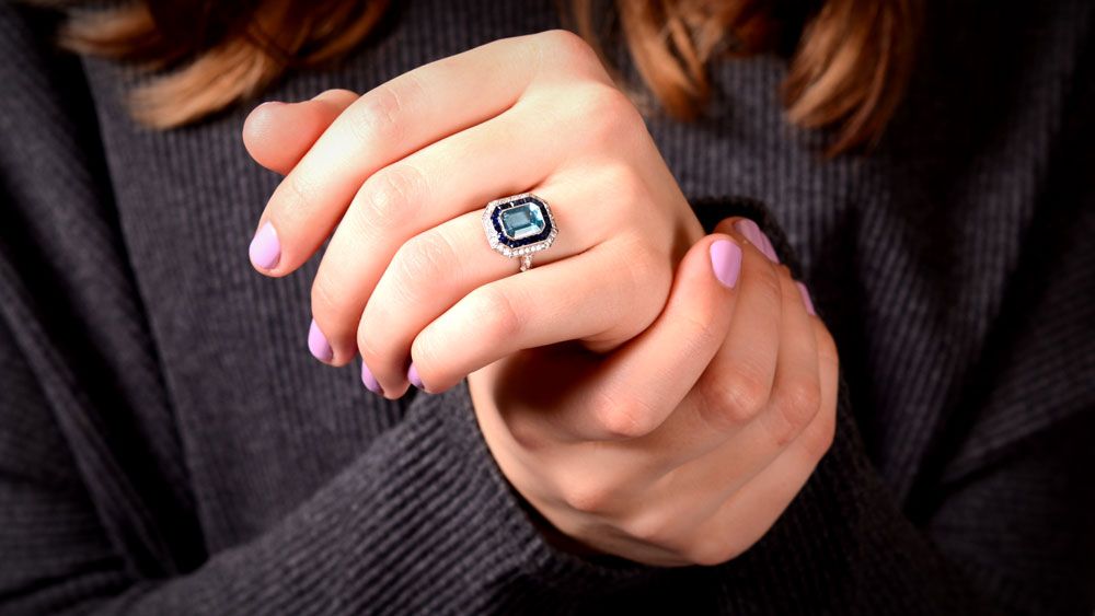 12701 Aquamarine Ring on Finger