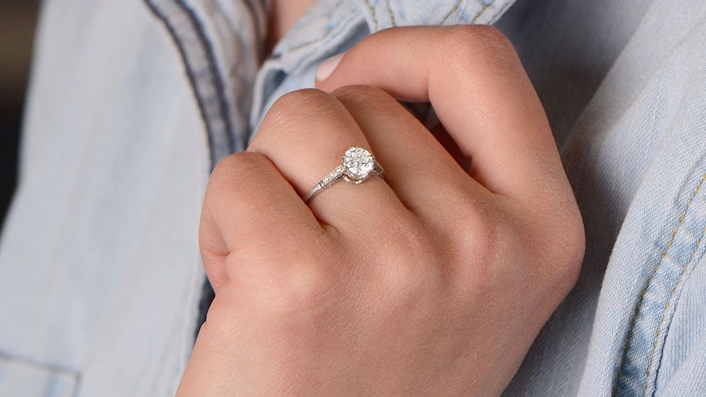Platinum Diamond Engagement Ring on Fingers without Wedding Band 12702