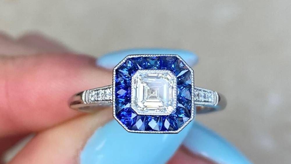 13792 Fleetwood Asscher Cut Sapphire Halo Diamond Engagement Rings for under $5,000