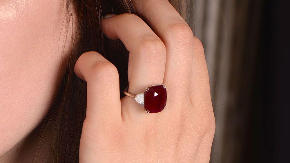 12 Carat Burma Ruby Ring on Finger of Model 12129
