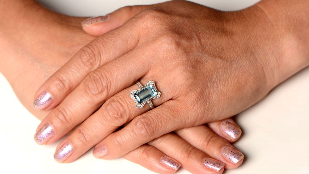 12127 Aquamarine Ring on Finger Hands
