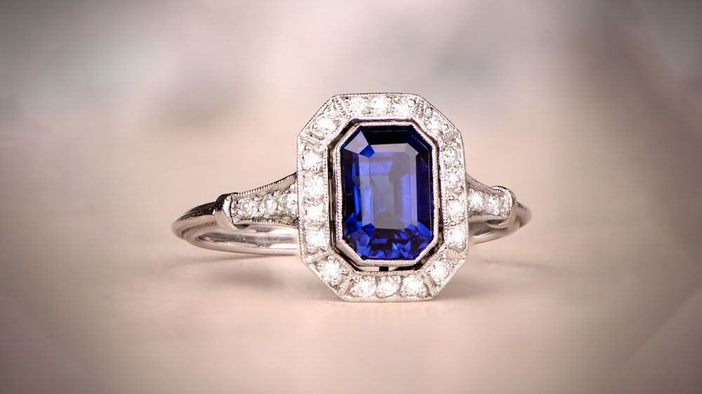 Art Deco Sapphire Engagement Ring with Diamond Halo