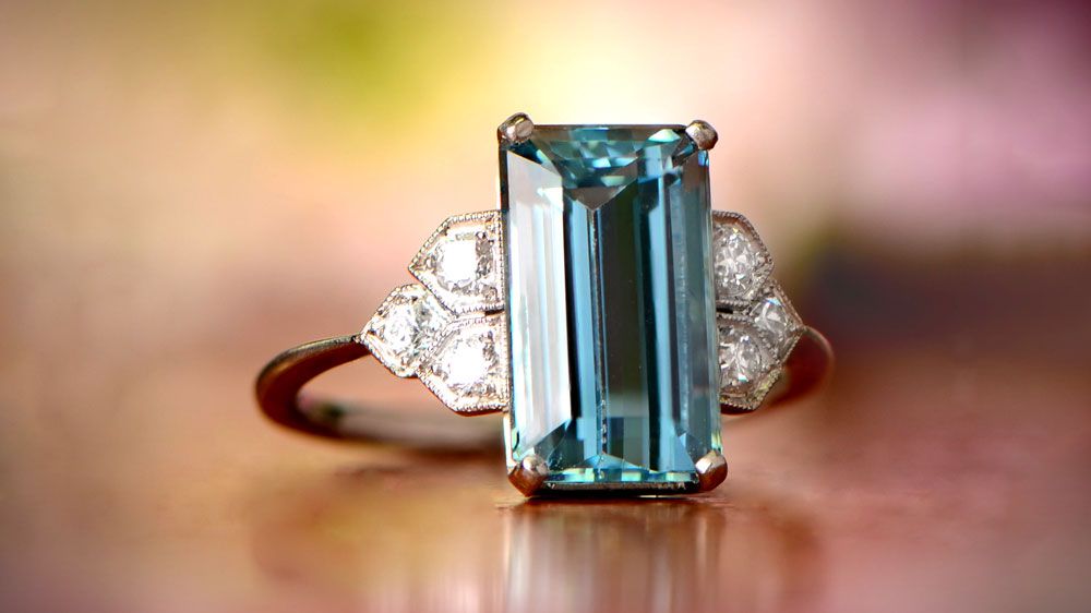Estate Diamond Jewelry Nevez Aquamarine And Diamond Ring