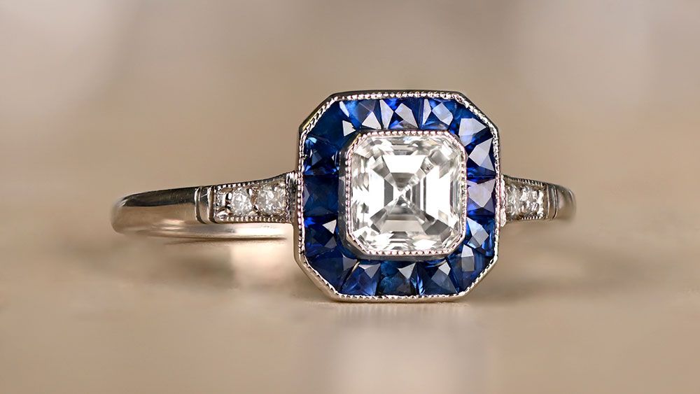 Asscher Cut Diamond and Sapphire Engagement RIng in Platinum 12682