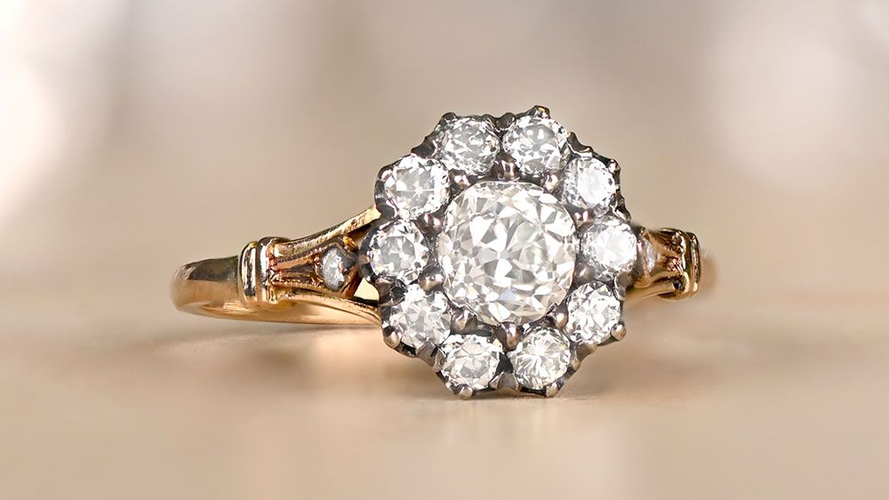 Floral antique style cushion cut diamond engagement ring 13278