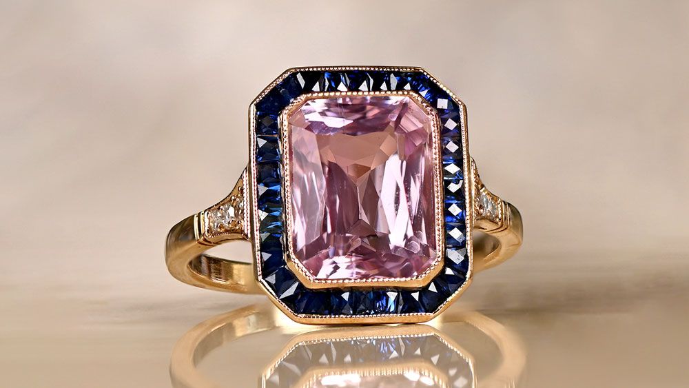 Kunzite Ring with Sapphire Halo set in Yellow Gold