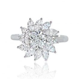0.91ct Cushion Cut Floral Cluster Diamond Engagement Ring Top View DYL40-TV-1000PX