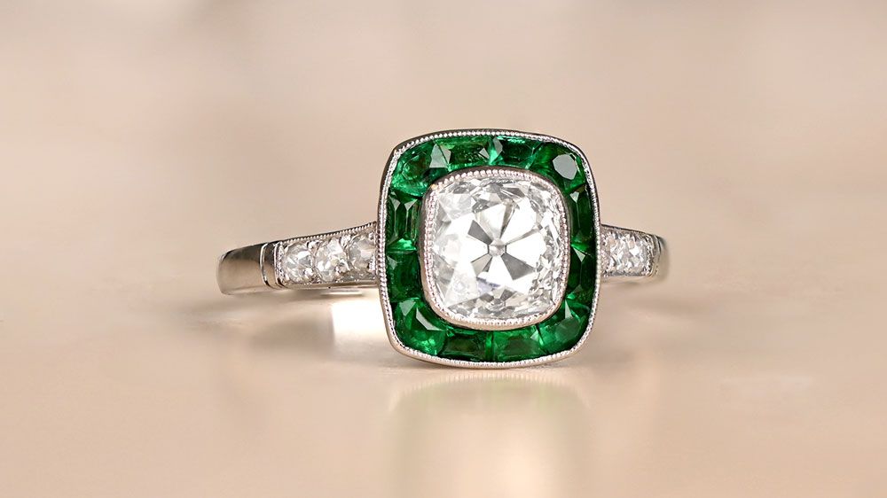 12954 Cushion Cut Diamond Engagement Ring with Emerald Halo