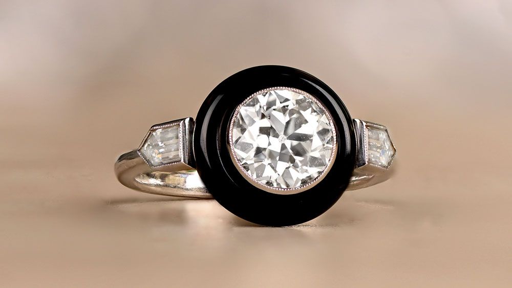 Old European Cut Diamond And Natural Onyx Engagement Ring 