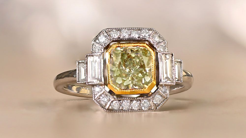 1.15ct Fancy Yellow- Green Diamond Halo Engagement Ring 