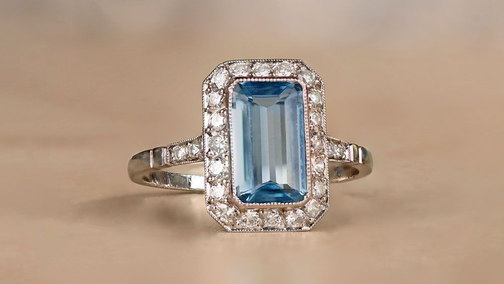 Emerald Cut Natural Aquamarine  & Diamond Halo Gemstone Ring 