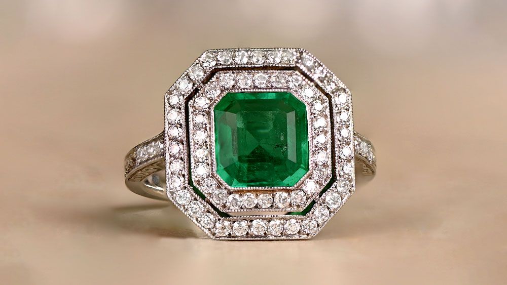 1.52ct Natural Columbian Emerald And Diamond Double Halo Platinum Gemstone Ring 