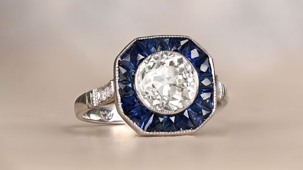1.49ct Old European Cut Diamond And Natural Sapphire Halo Platinum Engagement Ring 