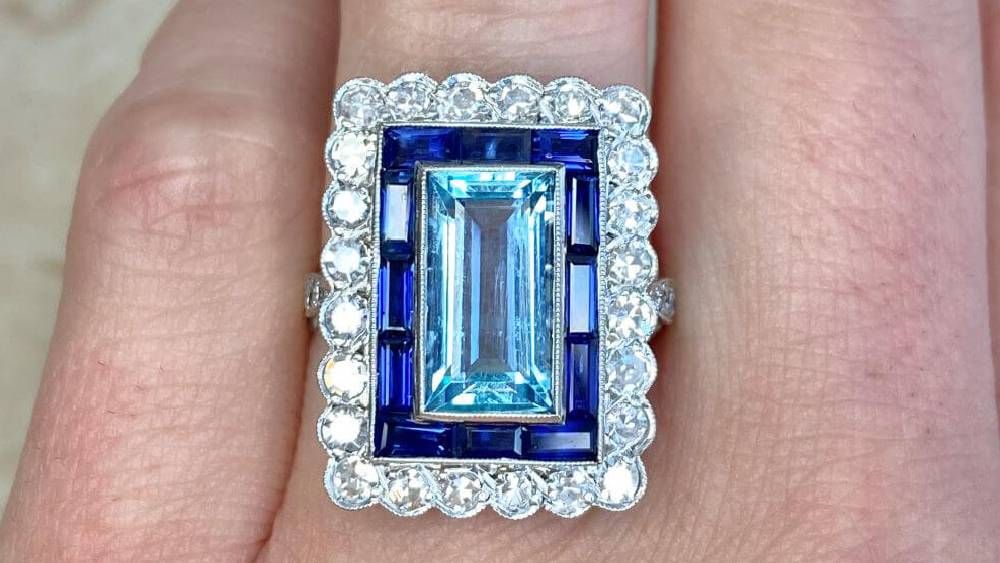 Broadway Aquamarine Ring Featuring Sapphire And Diamond Halos