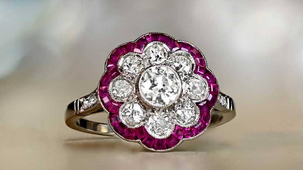 13696 Tufton Diamond and Floral French Cut Ruby Halo Ring