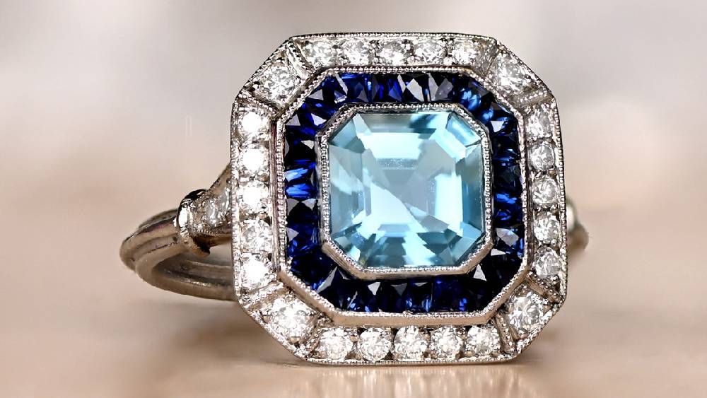 Double Halo Aspen Ring Featuring Aquamarine Diamonds And Sapphires