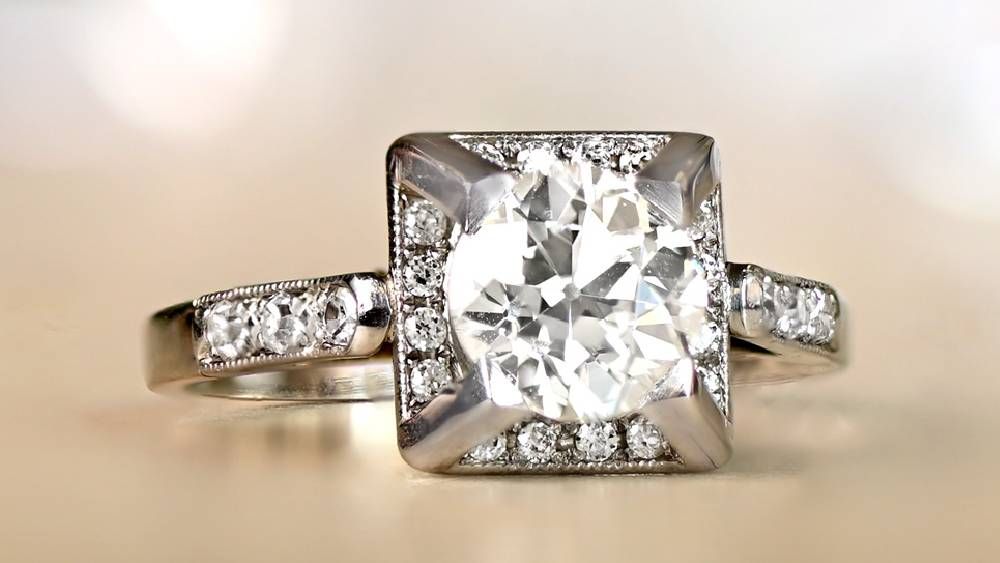 Square Diamond Halo Ring With Elevated Colorless Center Diamond