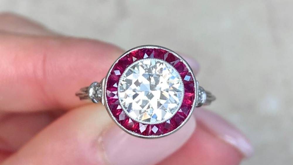 13762 Plano French Cut Ruby Halo Diamond Ring