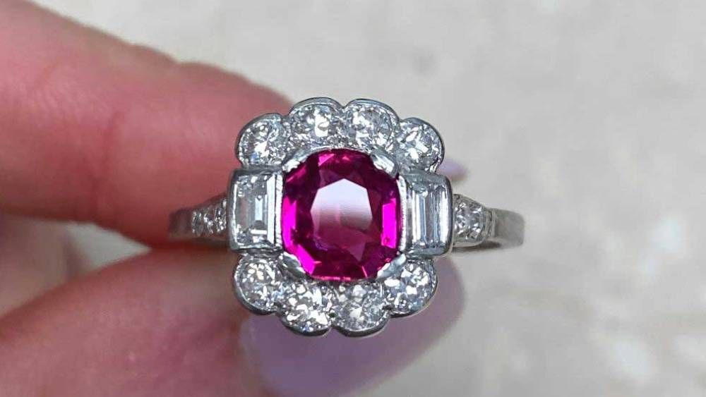YK110 Enola Ruby and Diamond Halo Cluster Vintage Engagement Ring