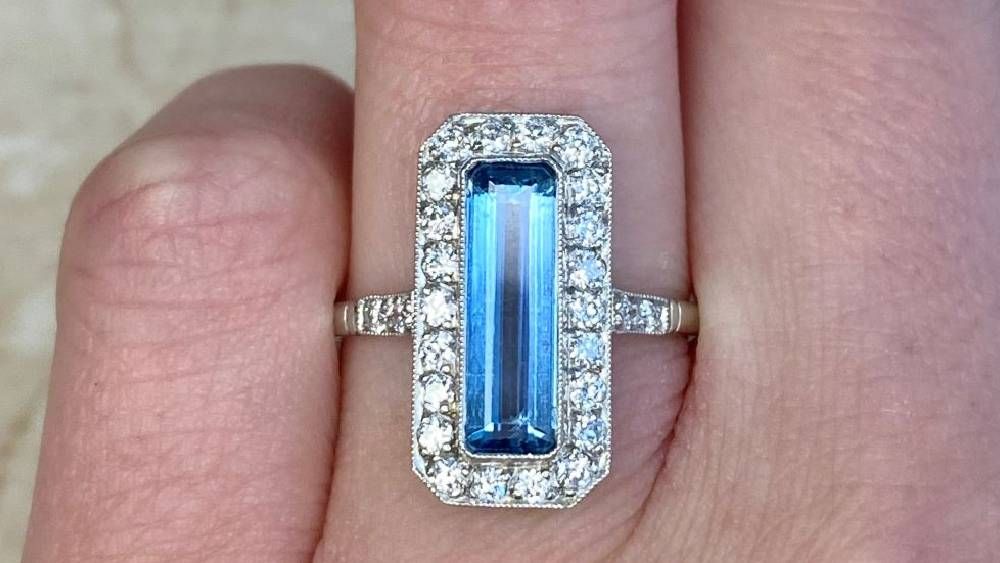 Delaware Elongated Aquamarine Engagement Ring With Diamond Halo